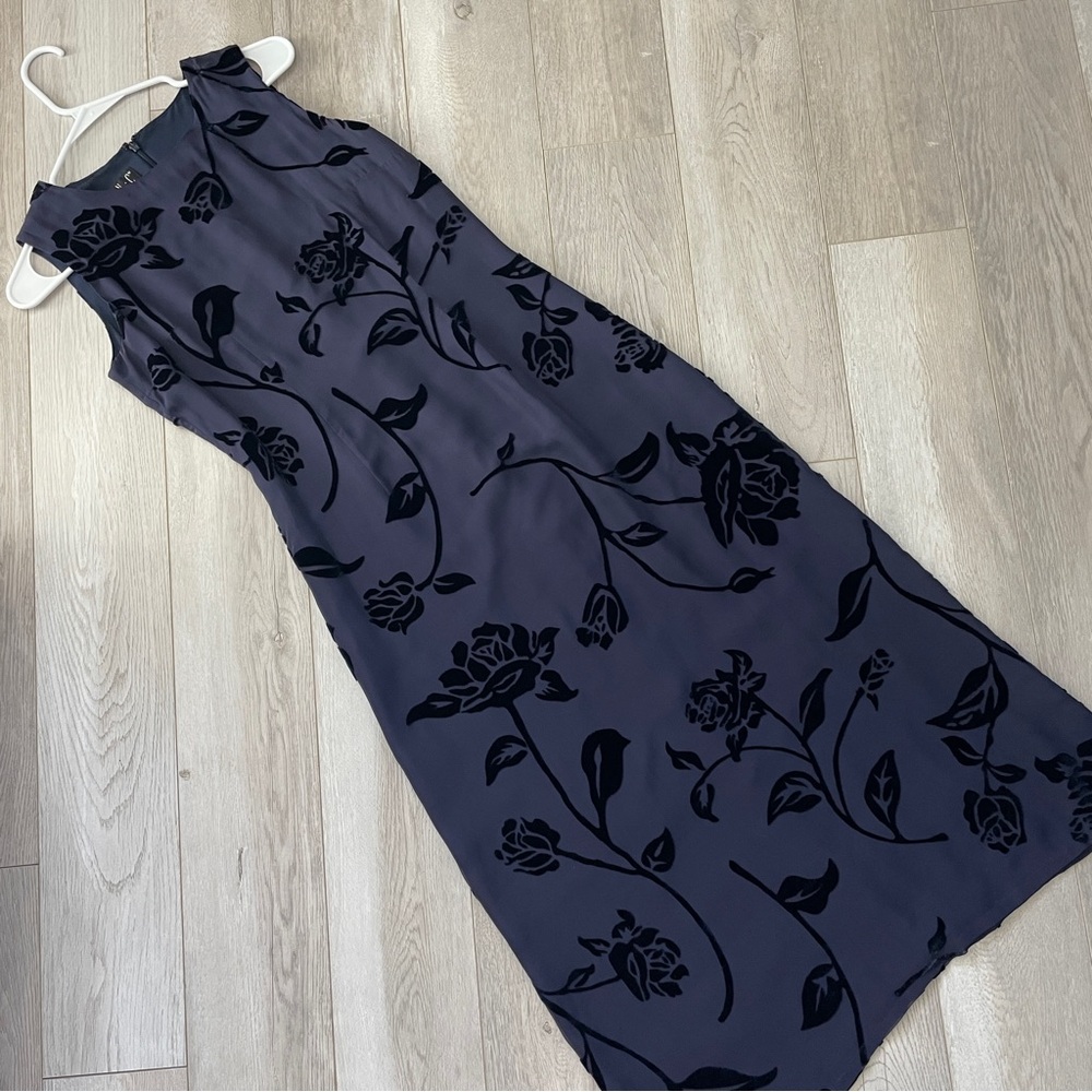 Whimsigoth Silk Dress vintage floral velvet midi womens Blue (size 4) dark fairy